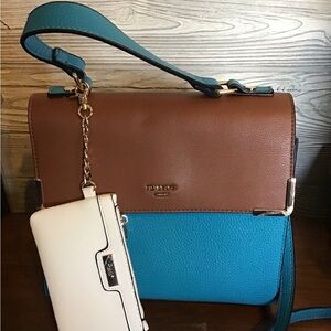Dune London Two-Tone Brown and Teal Shoulder Bag with Cream coin purse